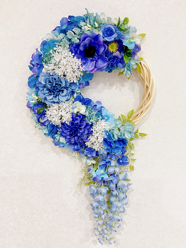 紫陽花リース♡ブルー紫陽花とホワイトアナベルのロングフラワーリース 