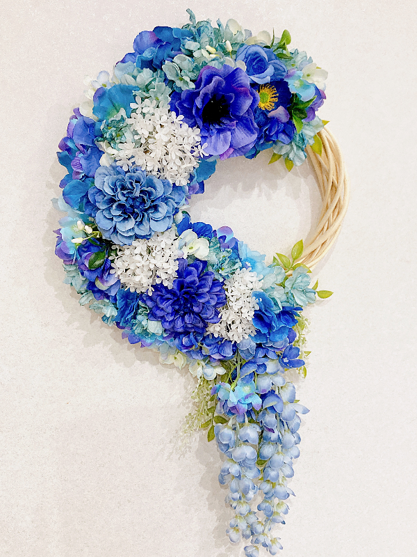 紫陽花リース♡ブルー紫陽花とホワイトアナベルのロングフラワー 